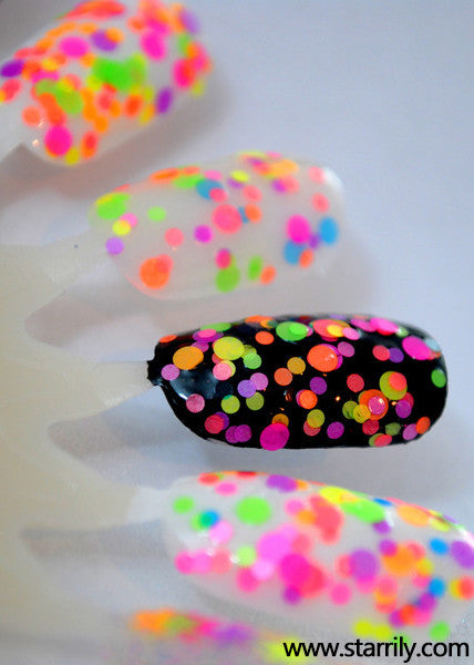Gumballs has colorful bright neon glitter in a clear base, glows under black light