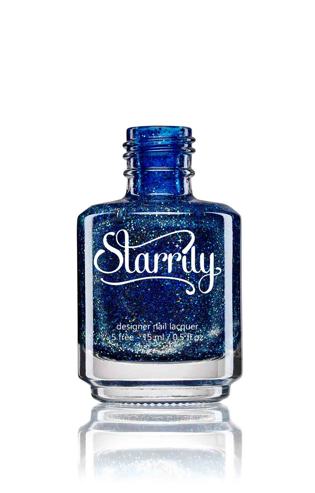 Starrily Bioluminescence - Rich sapphire blue with holographic glitter and a holo effect. High quality nail polish. Made in the USA! Cruelty Free and Vegan.