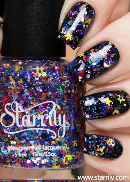 Galaxy contains colorful glitter in a clear base, instant galaxy manicure