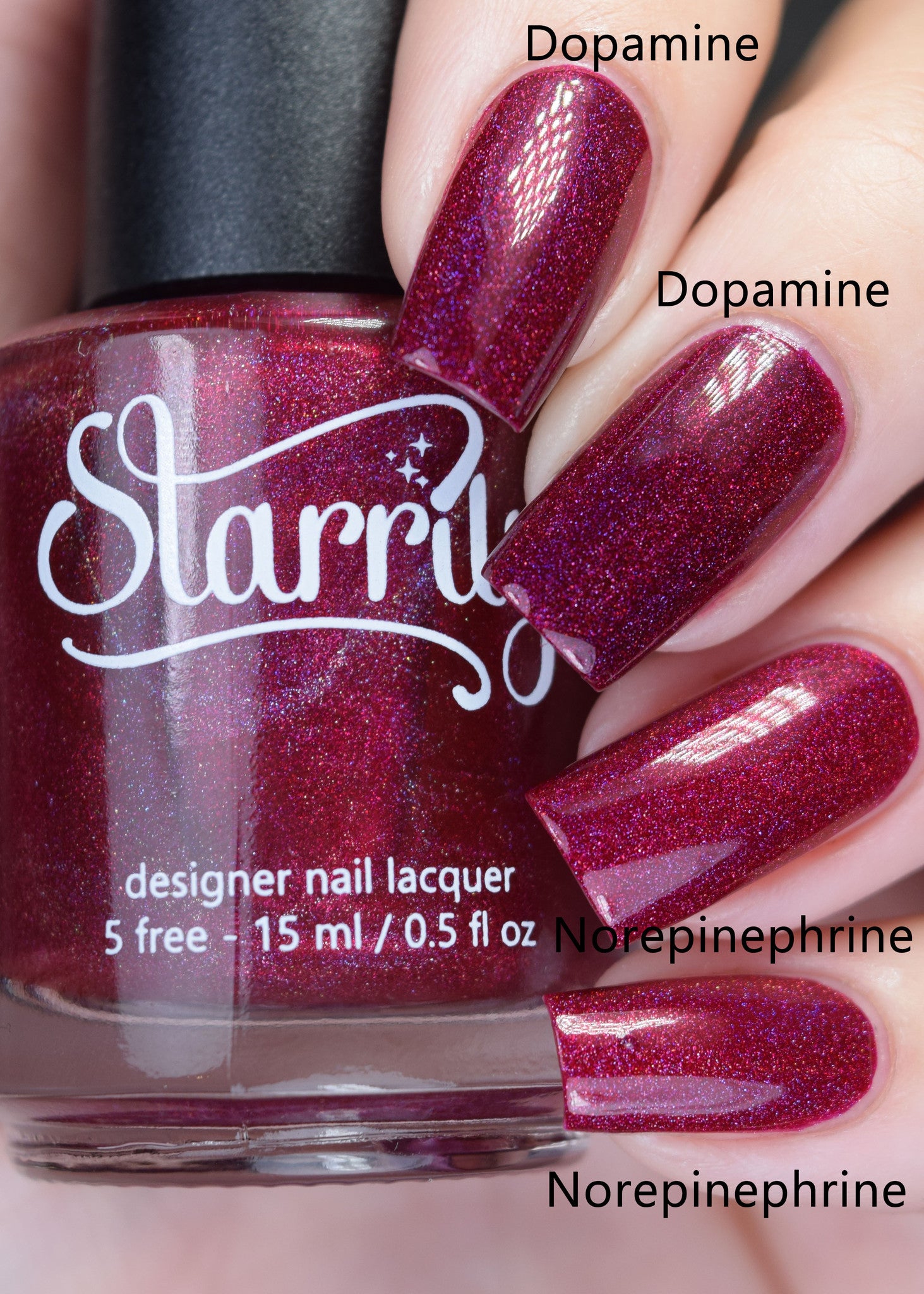 Norepinephrine is a beautiful ruby red jelly linear holographic nail polish