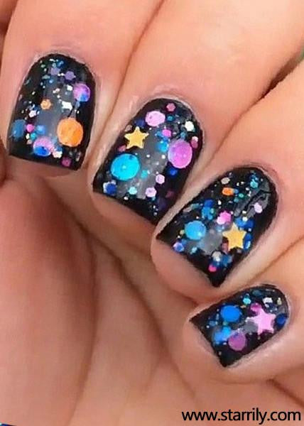 Galaxy contains colorful glitter in a clear base, instant galaxy manicure