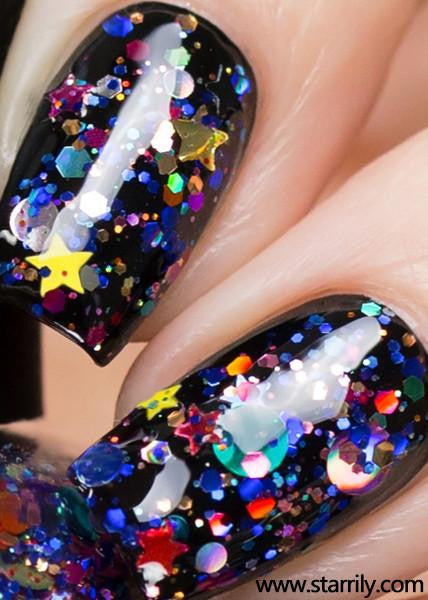 Galaxy contains colorful glitter in a clear base, instant galaxy manicure