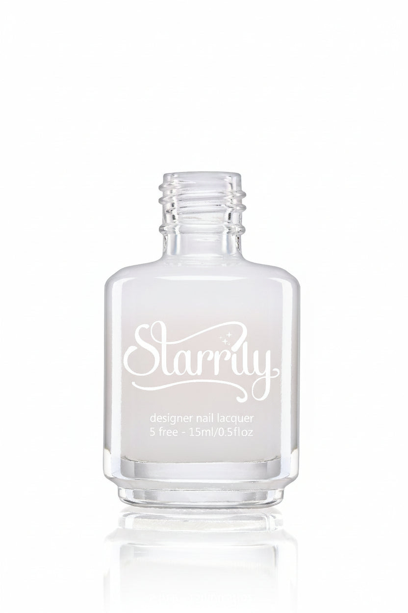 A bottle of Starrily brand nail polish in a clear white color, with the brush shown next to it. 